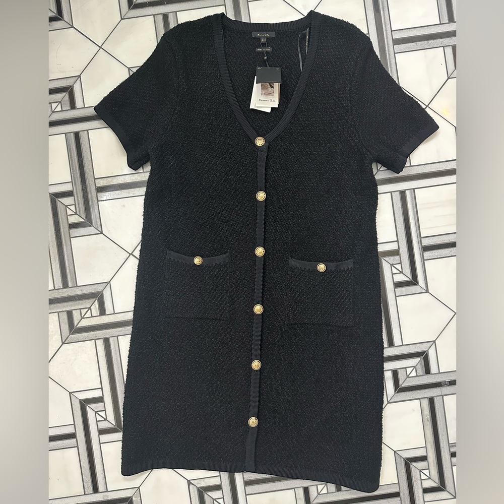 Massimo Dutti Short Sleeve Boucle Knit Dress with Gold Buttons Black Size M NWT